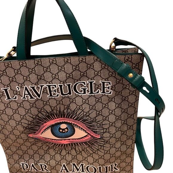 Gucci GG Supreme Monogram L'Aveugle Par Amour Print Vertical Tote Emerald Green - Picture 5 of 13